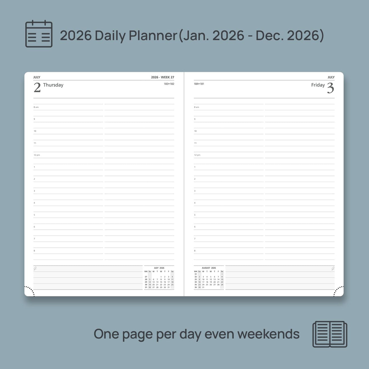 POPRUN 2026 Daily Planner One Page Per Day Even Weekends A4 Large Size (8.5" x 12") - 12 Months Calendar Hourly Appointment Book with Inner Pocket, Pen Holder, Hardcover - Orange