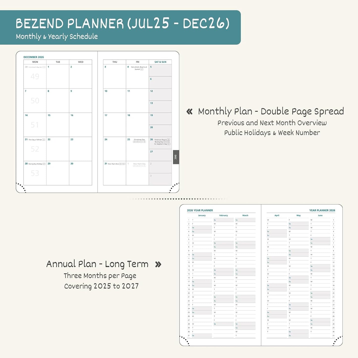 BEZEND Pocket Planner 2025-2026 Weekly and Monthly, 3.5" x 6" Academic Planner (Jul 25-Dec 26) 18-Month Mid-Year Calendar Book, Storage Pocket, Pen Holder, PU Leather Hardcover - Red