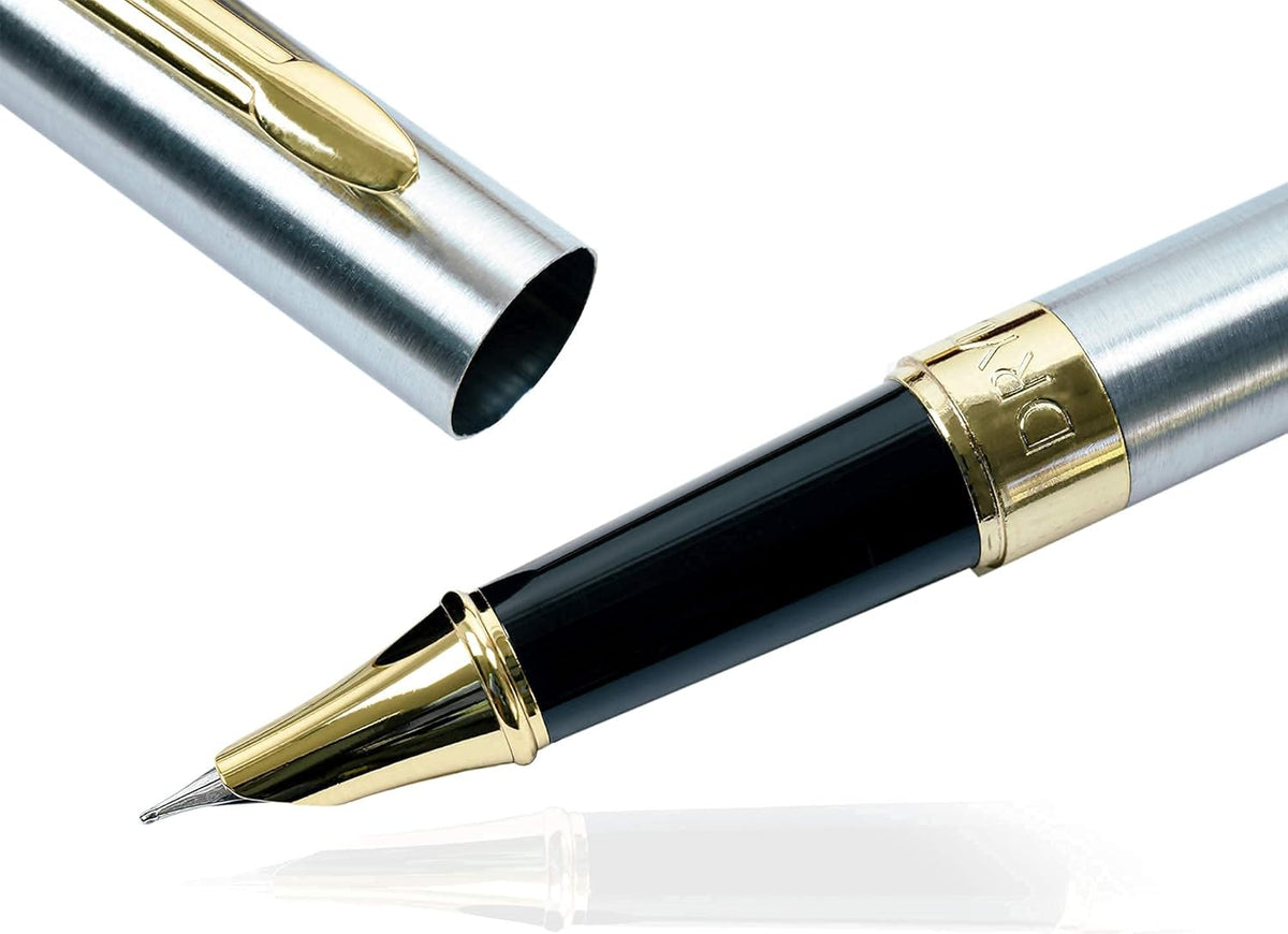 Dryden Designs Fine Nib Fountain Pen - Includes 24 Ink Cartridges - 12 Black and 12 Blue - Silver - Smooth Elegant Writing with Fine Nib and Ink Converters