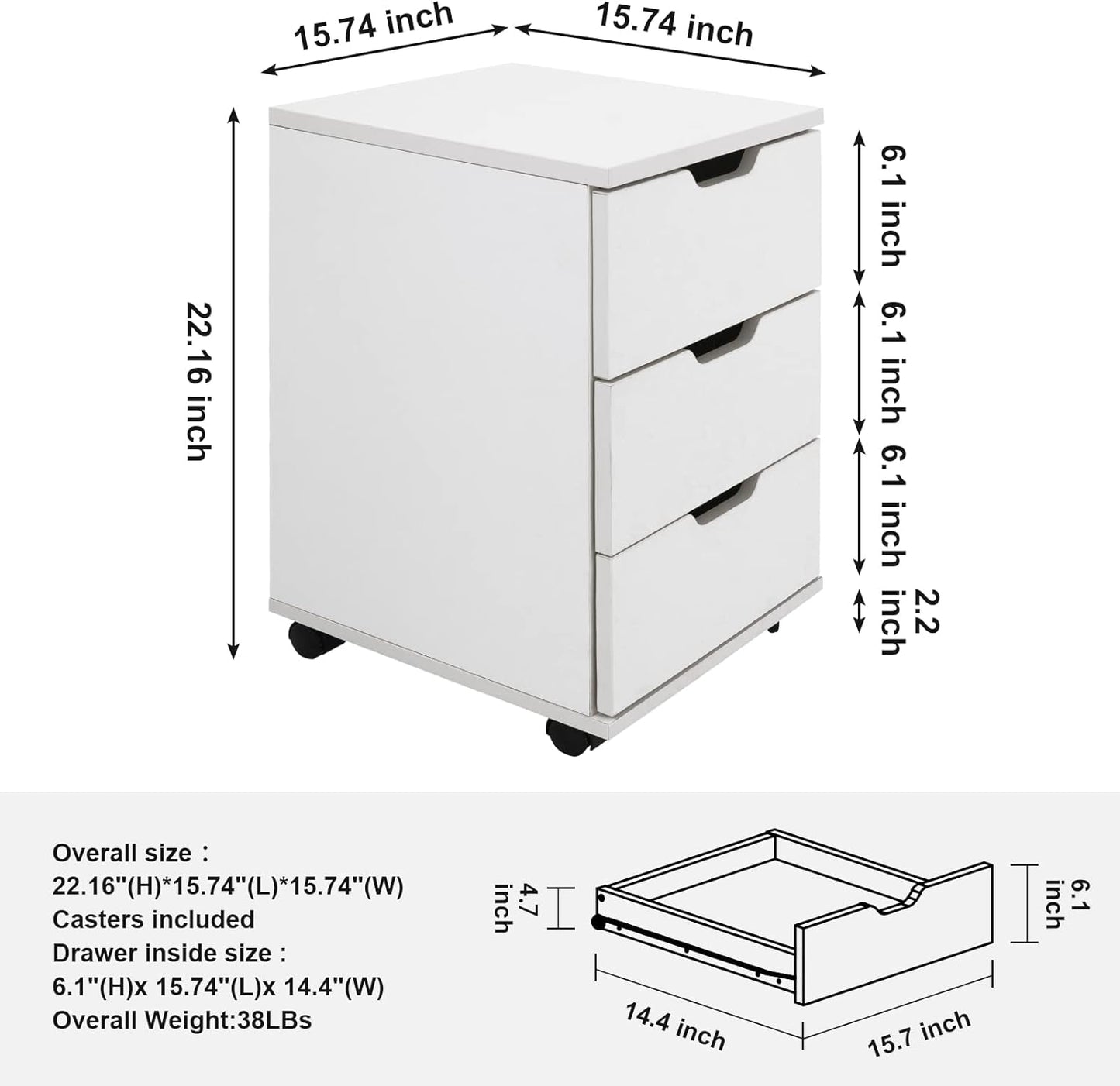Farini 3-Drawer Vertical Filing Cabinet Rolling Wood Mobile File Cabinets Under Desk for Home Office with Casters (White, Non-Assembled)