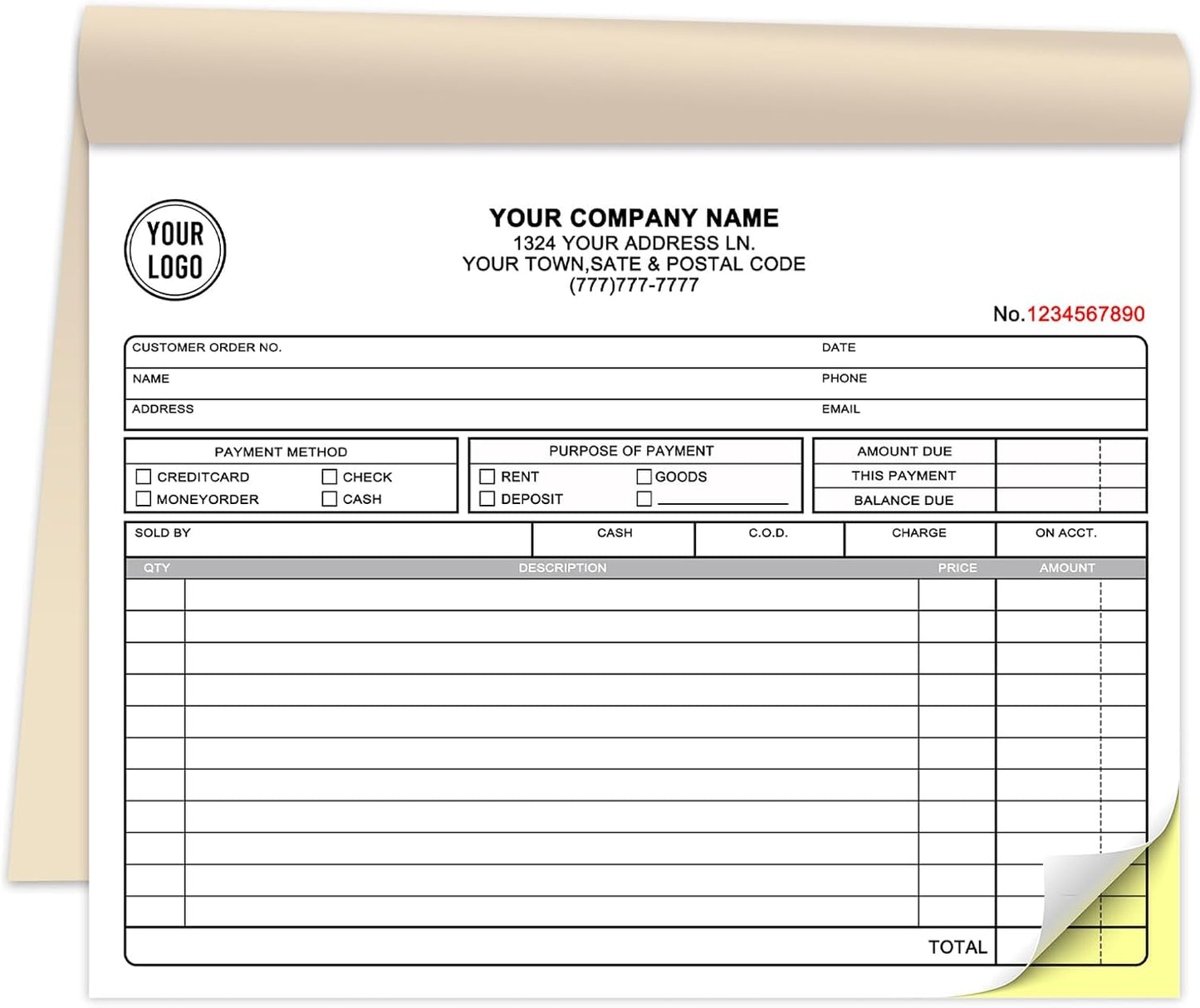 Custom Invoice Book for Small Business,8.5 x 7 Inches Invoice Receipt Book,2-Part Carbonless Forms, Personalized Company Name, Address, Phone Number