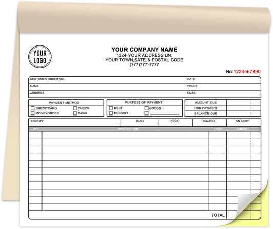 Custom Invoice Book for Small Business,8.5 x 7 Inches Invoice Receipt Book,2-Part Carbonless Forms, Personalized Company Name, Address, Phone Number