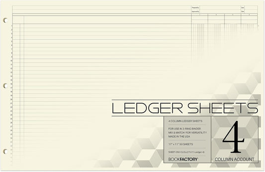 BookFactory Ledger Sheets/Large 4 Column Accounting Ledger Columnar (Four Columns) Loose Leaf Paper - 17'' x 11'', 50 Pages, Loose Leaf, 3 Hole Punched (SHEET-050-CLCLL(17x11-Ledger-4)-AX)
