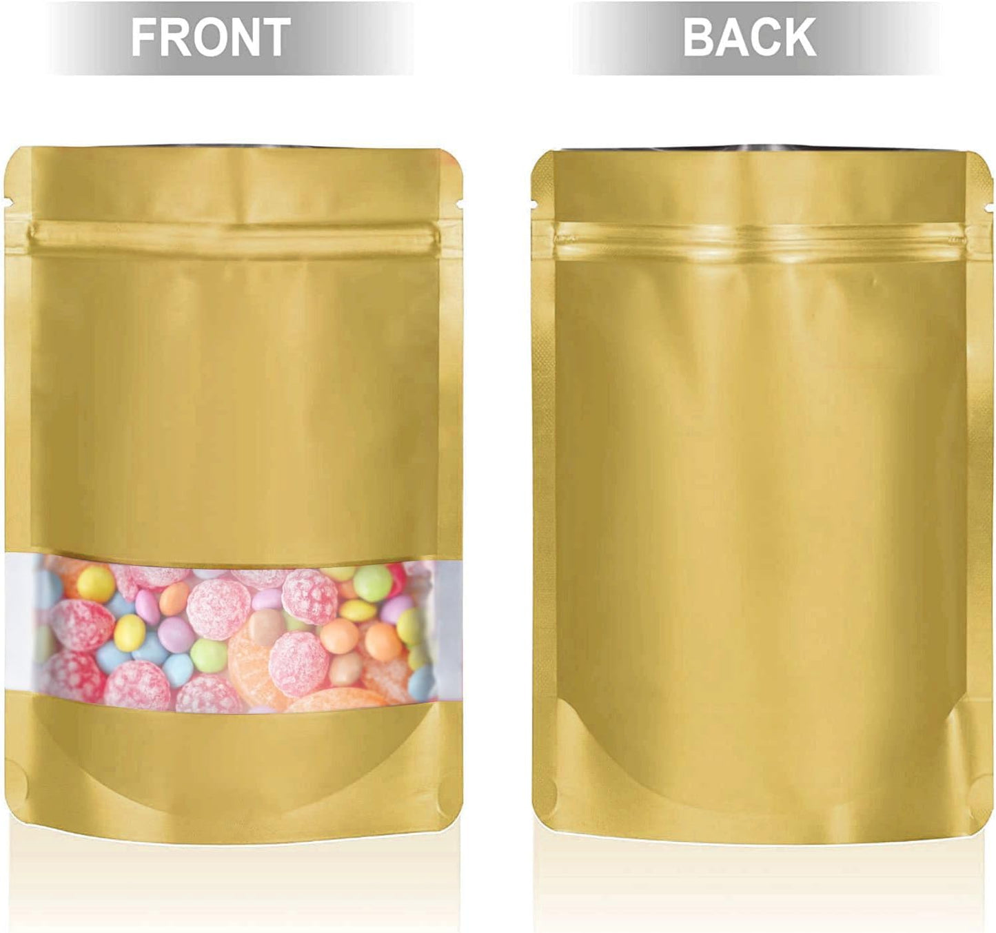 5.9"x8.6" 120pcs Mylar Bags for Food Storage,Smell Proof Bag with Matte Window Resealable Food Storage Bags for Small Business, Stand-up Foil Pouch Packaging Freeze Dried Candy Bag(Gold)