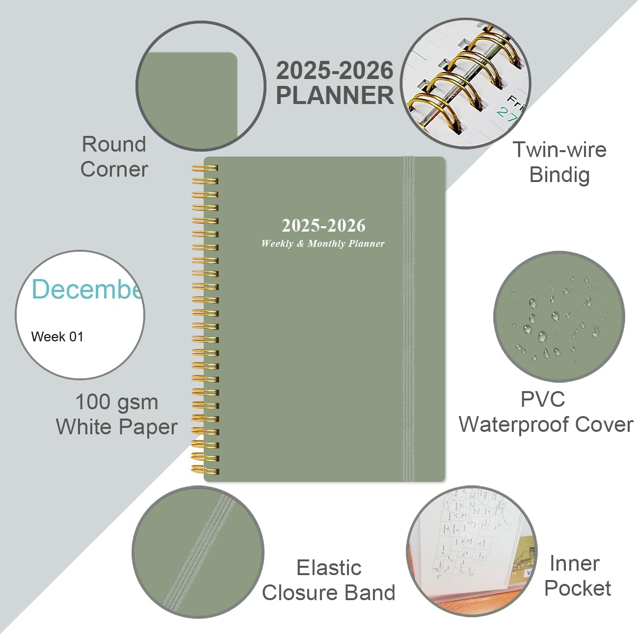 2025-2026 Planner - Academic Planner 2025-2026 from July 2025 - June 2026, Weekly & Monthly Planners Spiral Bound with 12 Monthly Tabs, Inner Pocket, 6.4" x 8.5", Green