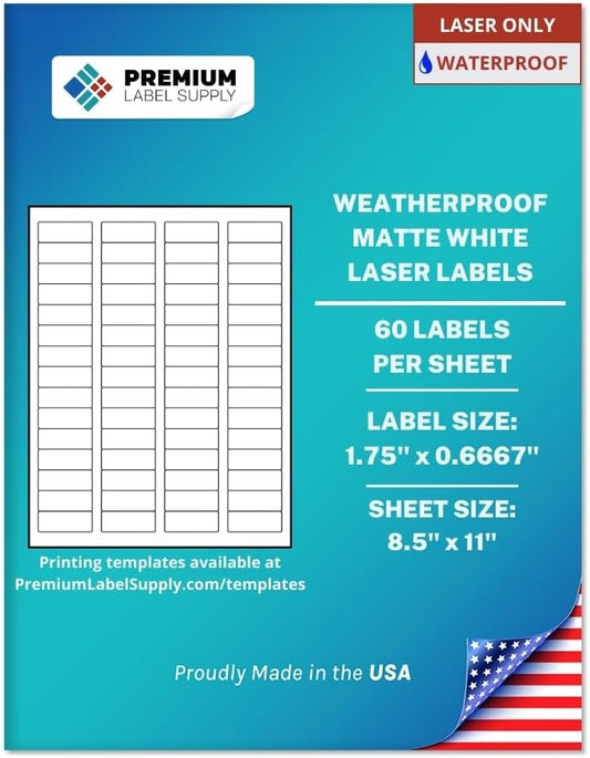 Premium Label Supply Waterproof White Return Address Sticker Labels – 1.75" x 0.667" – Laser Printers Only – (60 per Sheet), 1000 Sheets - 60,000 Total Adhesive Labels