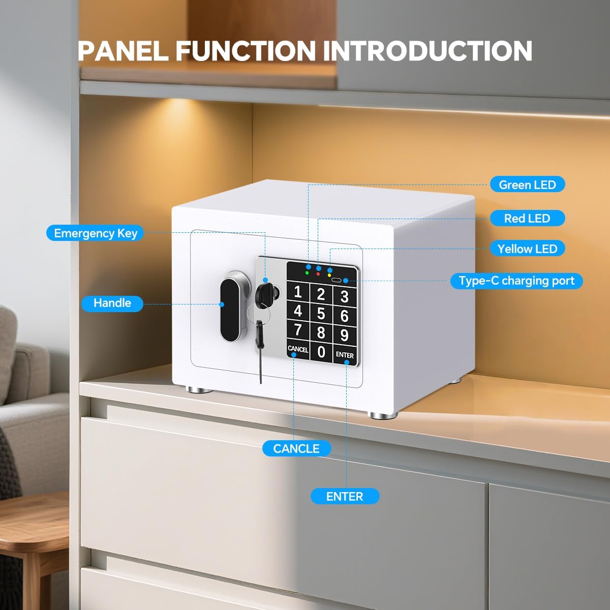 Small Home Safe, 6.7”D x 9”W x 6.7”H, Electronic Keypad Lock Security Box for Cash, Jewelry, Passport, Hidden Safe for Closet, College Dorm Room, White