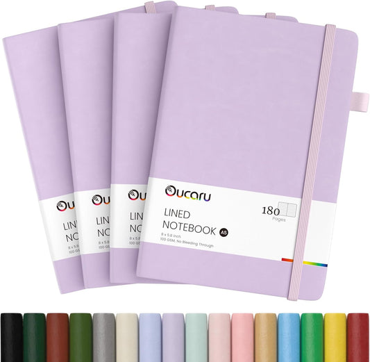 Oucaru Lined Journal Notebook, 4 Pack, 180 Pages, A5 Journals for Writing, 100 GSM Thick Paper, Small Notebooks Daily Journal for Women Men Work, Business, School, Travel Supplies