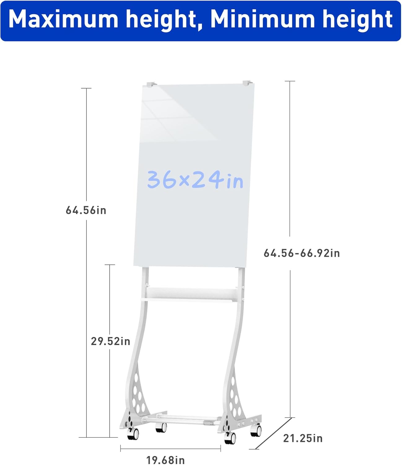 Mobile Glass Whiteboard, 24 x 36 inch Glass Board/w Height Adjustable, Large Portable Dry Erase Board with Stand and Wheels for Home, Office,Classroom &School, White