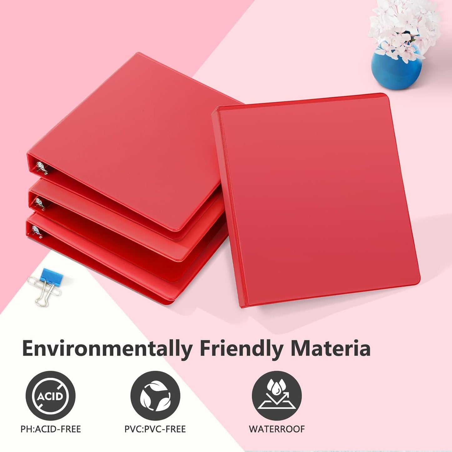 ViVin Sturdy 1 Inch D Ring Binders, 3 Ring Binders with 2 Pockets, Hold 225 Sheets of US Letter Size Paper for Office,Home,School, 6 Pack (Red)