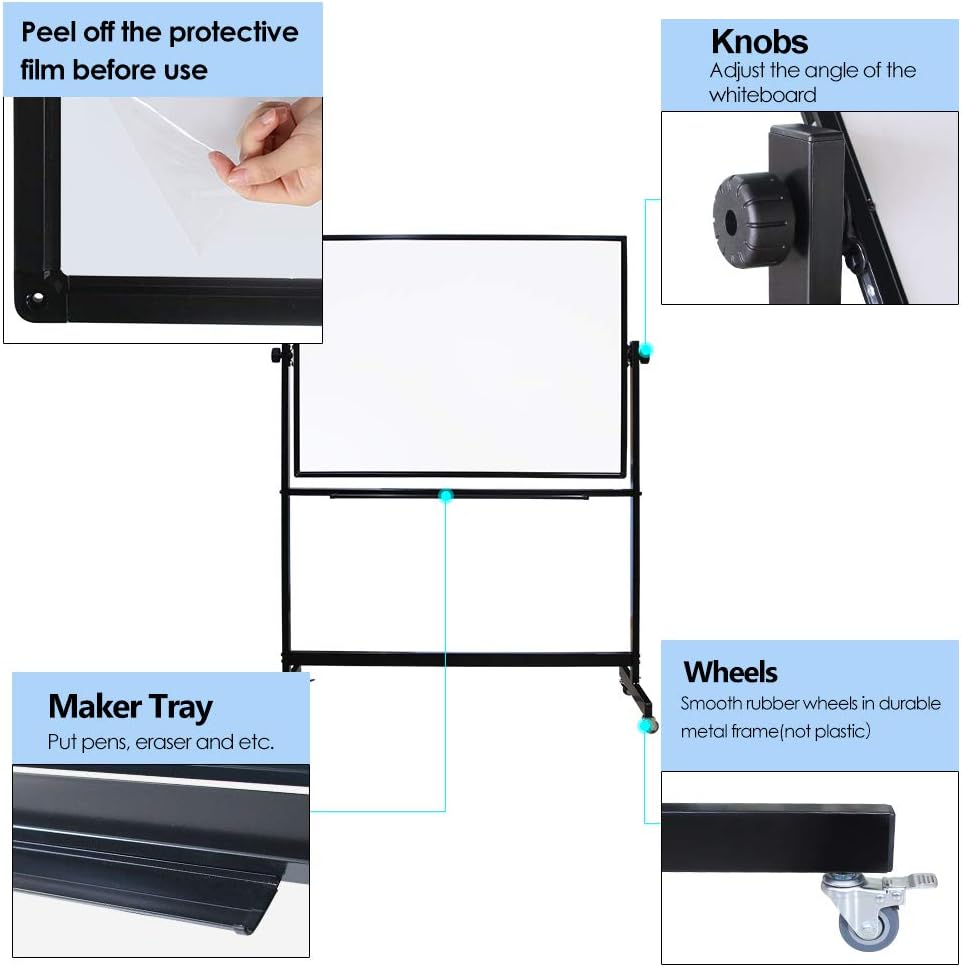 XIWODE 36x60 Large Magnetic Dry Erase Whiteboard with Stand - Double-Sided Freestanding Rolling Board, Flippable Design for Writing & Display, Black Frame for Office, Classroom, Home, Presentations