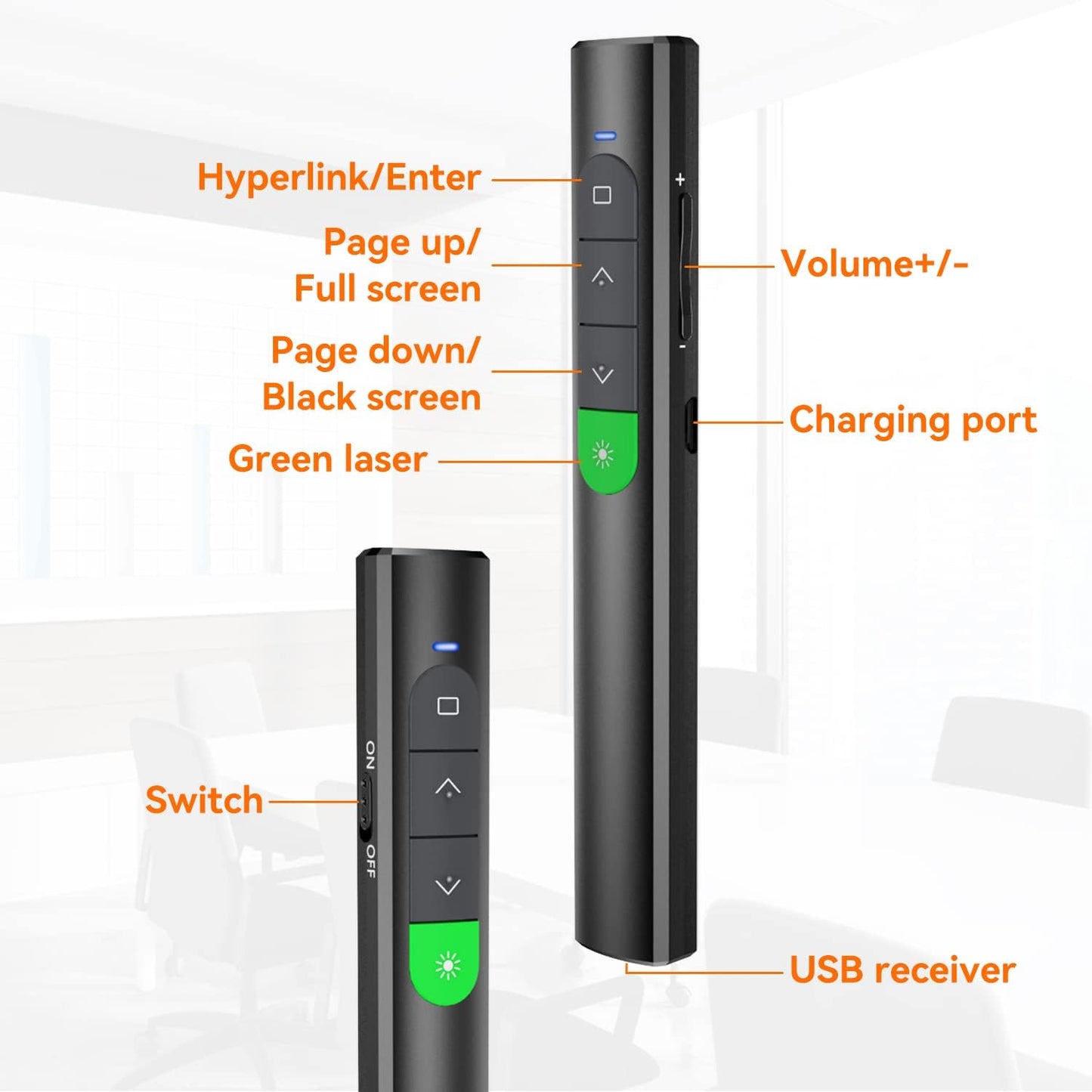 Wireless Presentation Clicker PowerPoint Presenter Remote: Rechargeable Green Laser Pointer Clickers for Computer/Mac/PPT/Slideshow/Google Slide Advancer