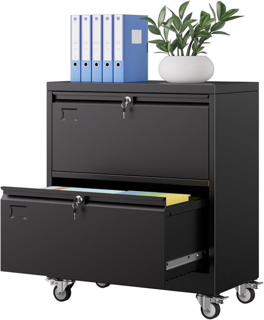 Aobabo 2 Drawer Wide File Cabinet with Wheels, Lockable Metal Filing Cabinet for Home Office, Legal/Letter Size,Black,Required Assembled,15.87" D x 28.94" W x 34" H