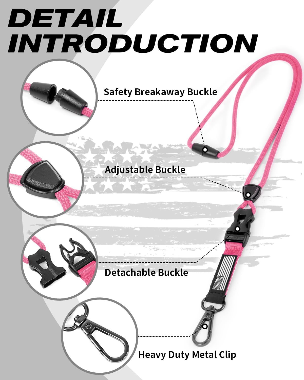 LIUGX Badge Holder with Heavy Duty Breakaway Lanyard, Carbon Fiber-Texture, Durable ID Card Holder (Holds 6 Cards) with Quick Release Detachable Buckle, Metal Clip, American Flag