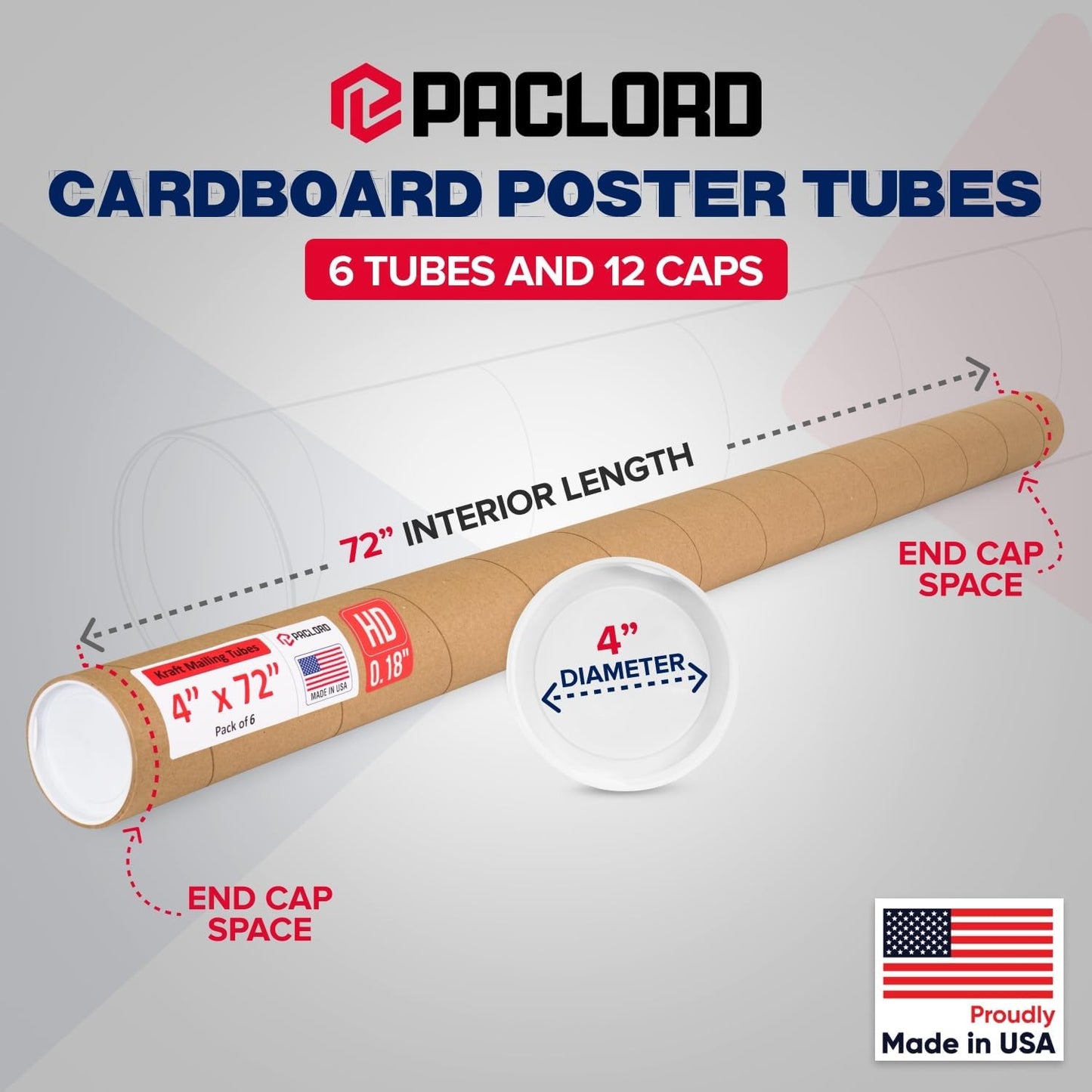4" x 72" Heavy-Duty Reinforced Cardboard Mailing Tube, Pack of 6 Tubes with 12 Caps – Secure USPS Approved – Great for Shipping and Storing of Prints, Artwork, Posters or Documents