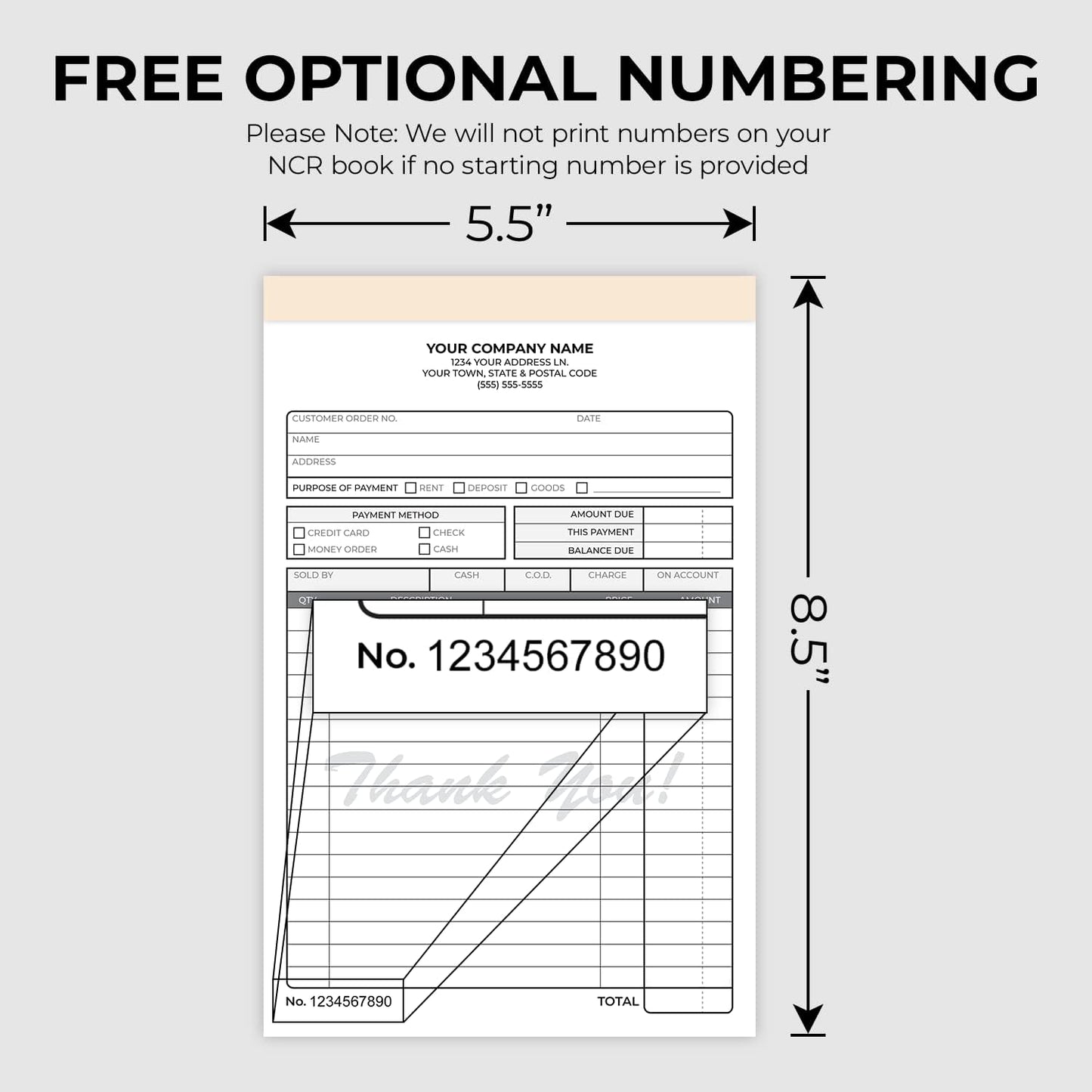 Custom 5.5" x 8.5" Carbonless NCR Books in 2-Part Duplicate Invoices, Receipts, Work Orders, Sales Orders, Purchase Orders, Estimates, Quote Forms with Your Company/Business Name (100 Sets)