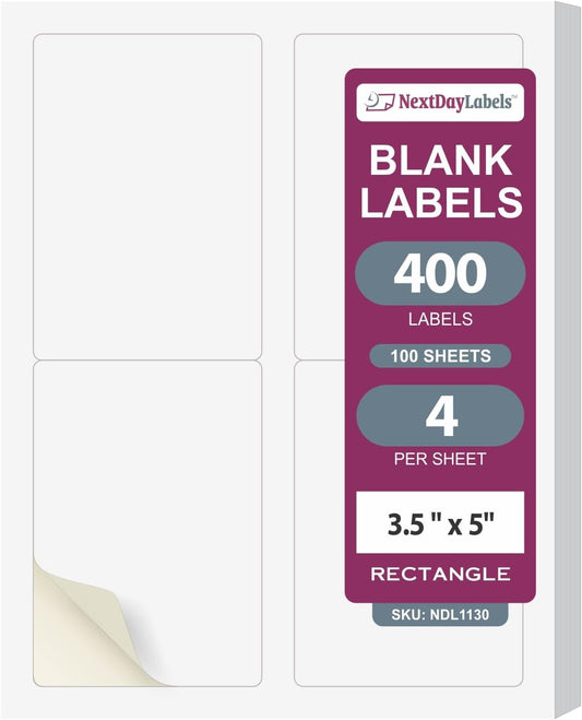 NextDayLabels – 3.5" x 5" Rectangular Sticker Labels for Printer - White Laser/Inkjet Printer Labels Return Address Labels Shipping Label Stickers (100 Sheets, 4 Per Sheet, 400 Labels)