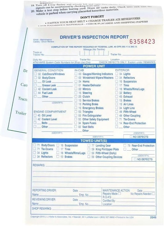 Driver's Vehicle Inspection Report, Carbonless 2-Ply, Book Format with 31 Sets, 5.5" x 8.5", 25 Pack, J. J. Keller & Associates, Inc.