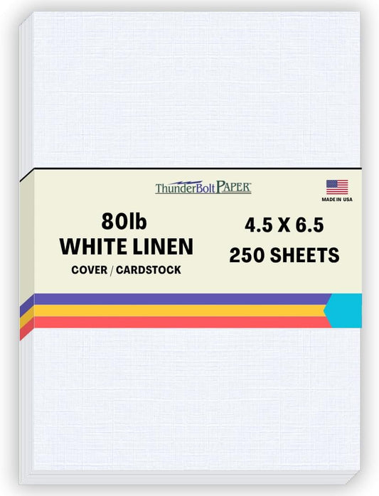 250 Bright White Linen 80# Cover Paper Sheets - 4.5 X 6.5 Inches Invitation 1/2" Smaller than 5X7 Size - 80 lb/pound Card Weight - Fine Linen Textured Finish