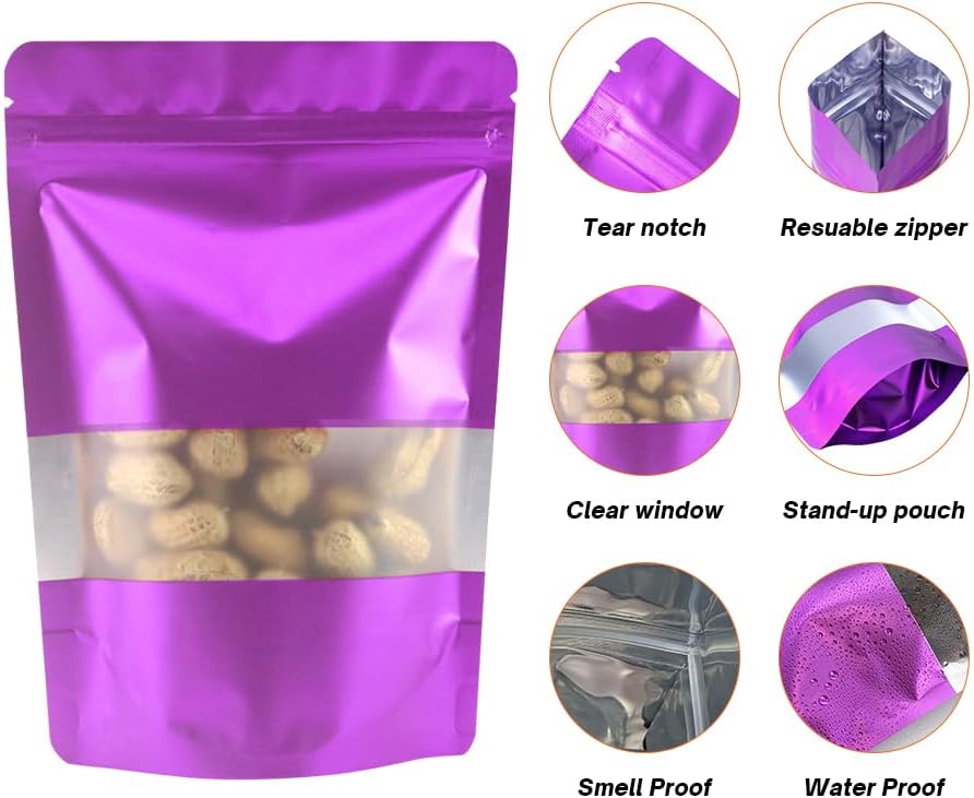 Purple Smell Proof Packaging Bags,Mylar Clear Bags for Food Storage,Sealable Bag for Packaging,Stand Up Pouches with Window,ReSealable Bag for Small Business,Cookies,Candy