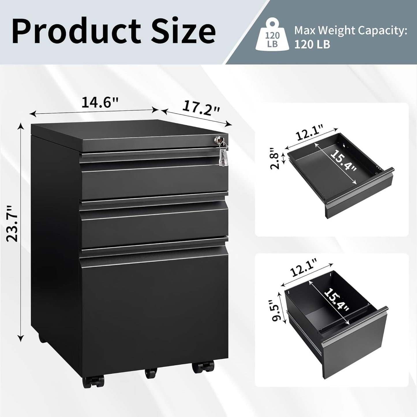 Filing Cabinets for Home Office, Mobile File Cabinet with Lock, 3 Drawer Filing Cabinet for A4/Letter/Legal Size Folder, Fully Assembled Except Casters, Matte Black