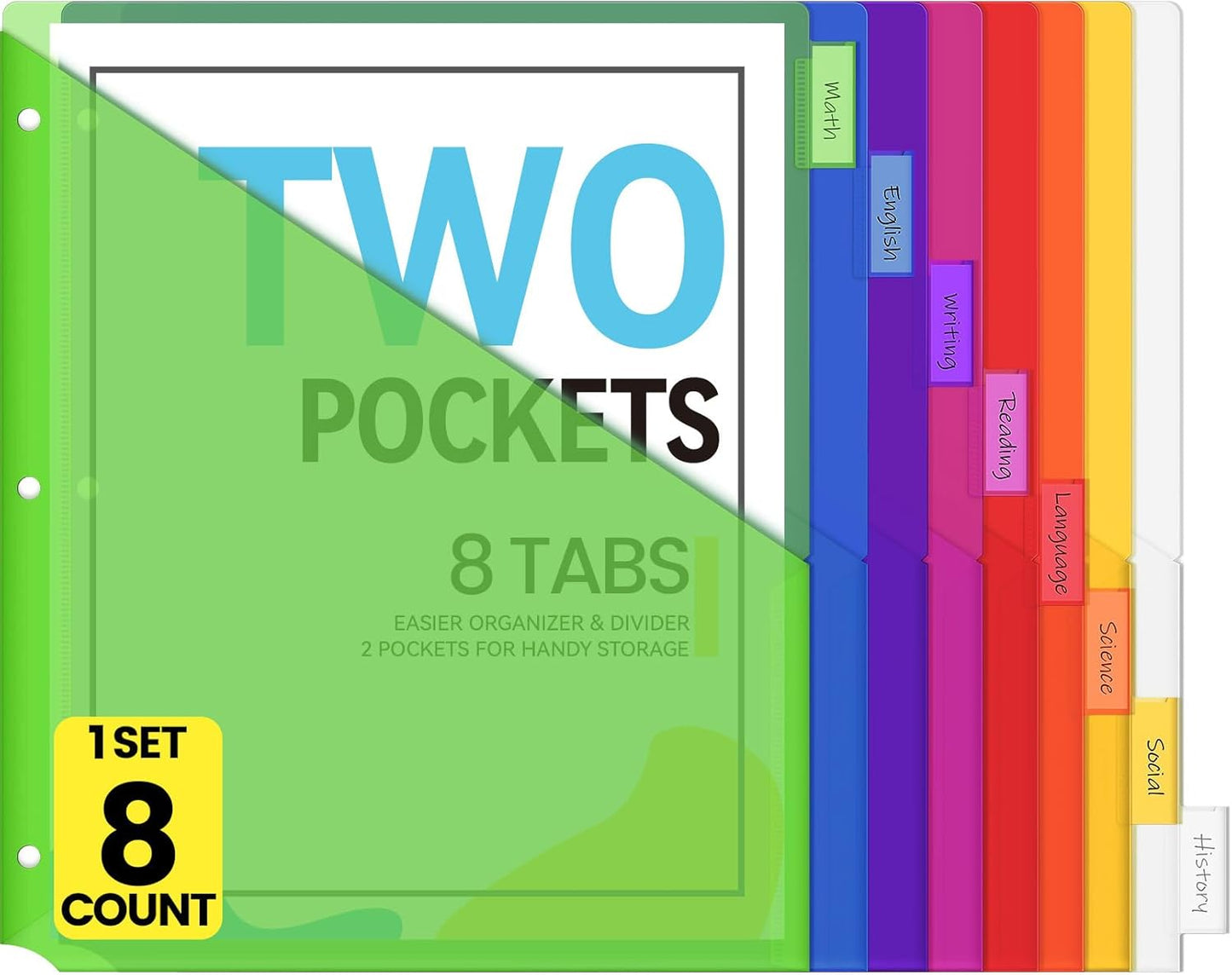 Sooez 8 Count Dividers with Pockets, 8 Tabs Binder Dividers for 3 Ring Binders, Binder Dividers with tabs, Binder Divider with Pockets for US Letter Size, Insertable Big Tabs, Multicolor, 1 Set