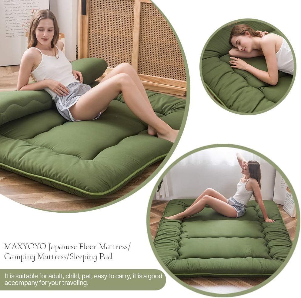 MAXYOYO Japanese Floor Mattress Futon Mattress, Thicken Sleeping Pad Foldable Roll Up Floor Futon for Adults Tatami Mat Dormitory Bed Lounger, Green, Full Size