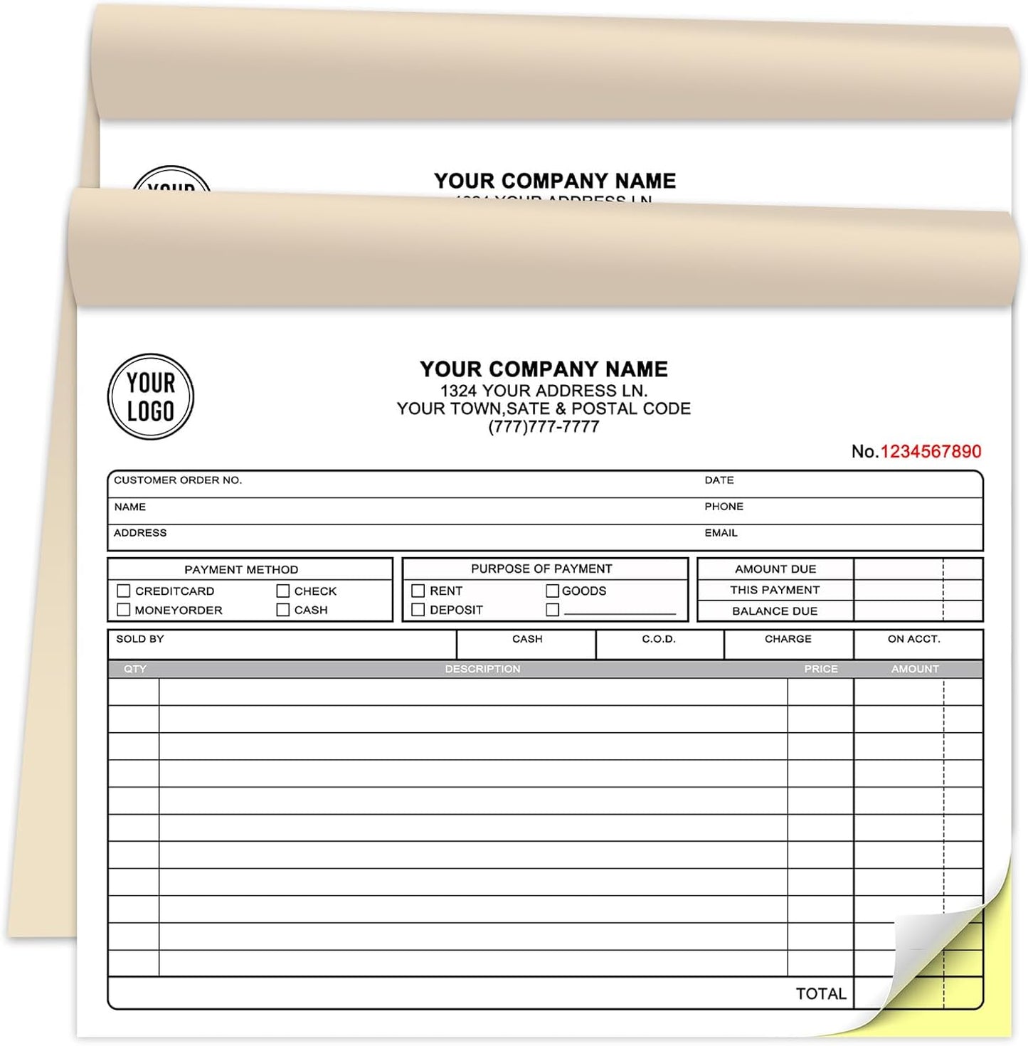 Custom 8.5" x 7" Invoices Receipts Carbonless Books in 2-Part Duplicate Personalized Company Address Name Phone Number 100 Sets