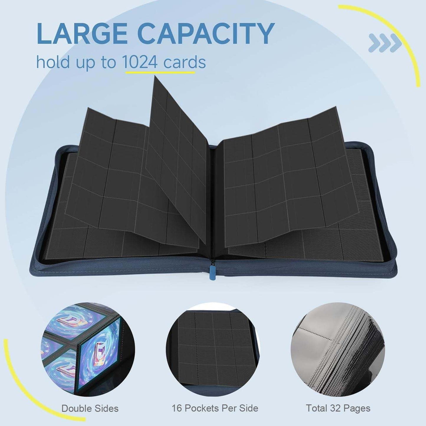 Card Binder with 1024 Cards,16 Pocket Trading Card Binder Includes 32 Page Storage Sleeves,Collection Card Album,Card Holder to Organize and Protect Cards,Navy Blue