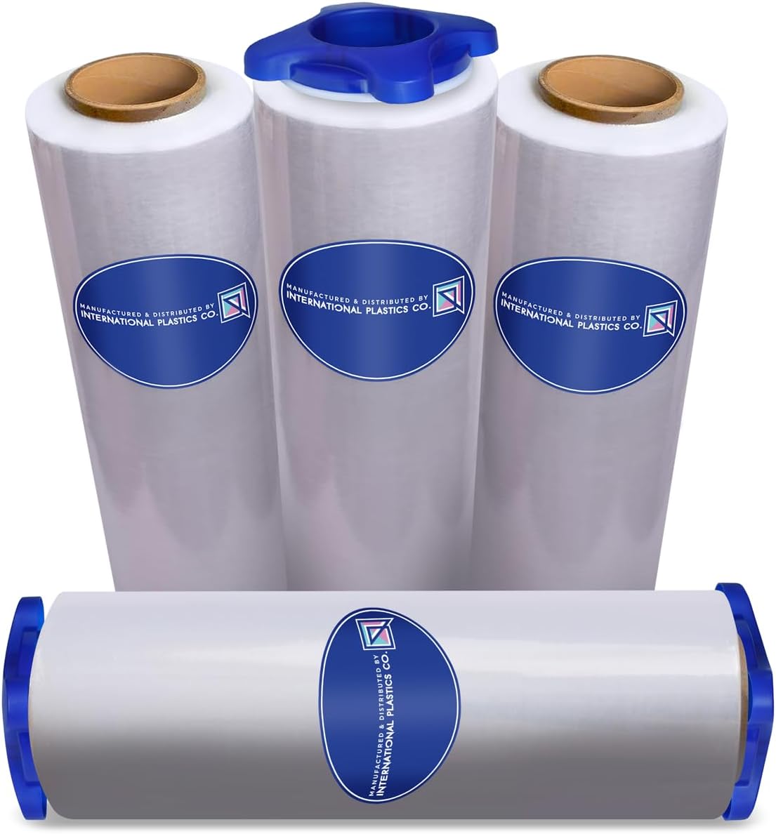 International Plastics Co. 18" Stretch Film/Wrap 1500 feet 7 Layers 80 Gauge Industrial Strength up to 800% Stretch 20 Microns Adhering Packing Moving Heavy Duty (Clear, 4 Pack - Tension Handles)