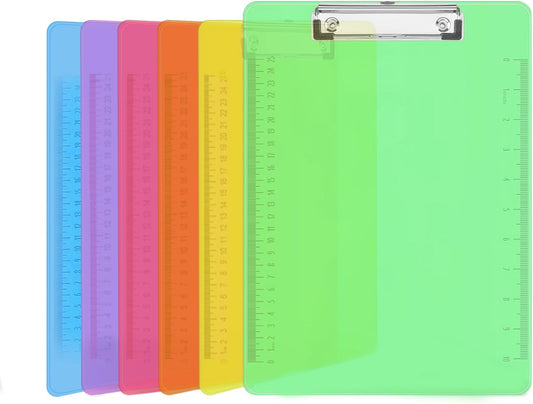 Plastic Clipboards, PANDRI 6 Pack Clear Colored Clipboards, Low Profile Clip Board 12.5 x 9 Inch Standard Letter Size, Office Supplies Classroom