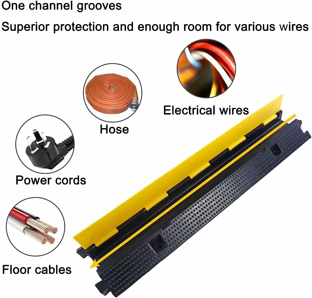 Rubber Cable Ramp Cord Cover Cable Protector Ramps Wire Hose Protective 1 Channel 22000Lbs Load Capacity Traffic Speed Bump for Asphalt Concrete Gravel Driveway Indoor Outdoor, 4 Pack