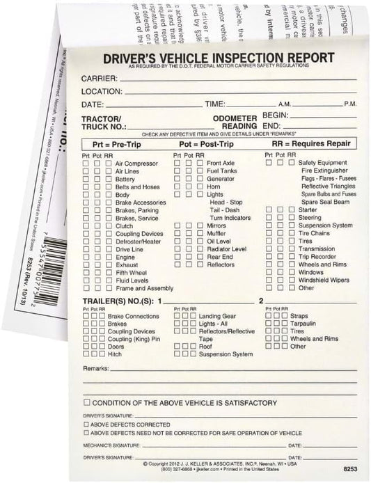 Detailed Driver's Vehicle Inspection Report for Pre- & Post-Trip, Book Format with 31 Sets, 2-Ply Carbonless, 5.5" x 8.5", Meet FMCSR Requirements, 50 Pack, J. J. Keller & Associates, Inc.