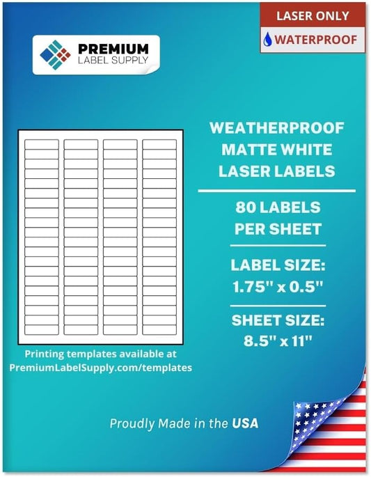 Premium Label Supply Waterproof White Return Address Sticker Labels – 1.75" x 0.5" – Laser Printers Only – (80 per Sheet), 10 Sheets - 800 Total Adhesive Labels