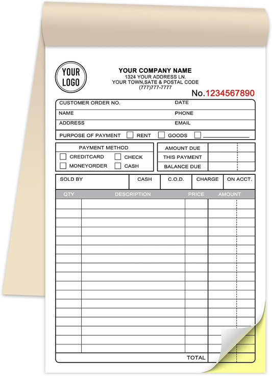 Custom 5.5" x 8.5" Invoices Receipts Carbonless Books in 2-Part Duplicate Personalized Company Address Name Phone Number 100 Sets