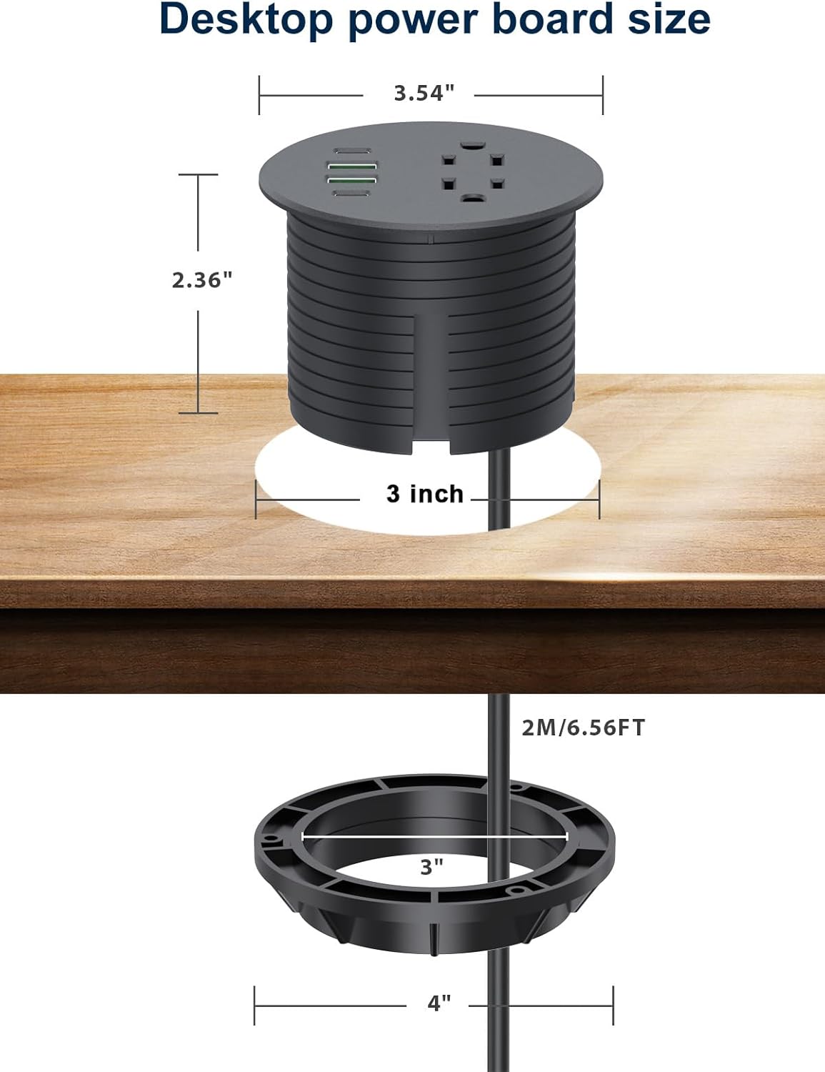Recessed Power Grommet 3 inch With 65W USB C Ports 2 AC Outlets,Recessed Outlet Fast Charging Station,Desk Hole Grommet Outlets,Round Desktop Power Grommet Outlet for Office,Home (Black, 65W USB Port)