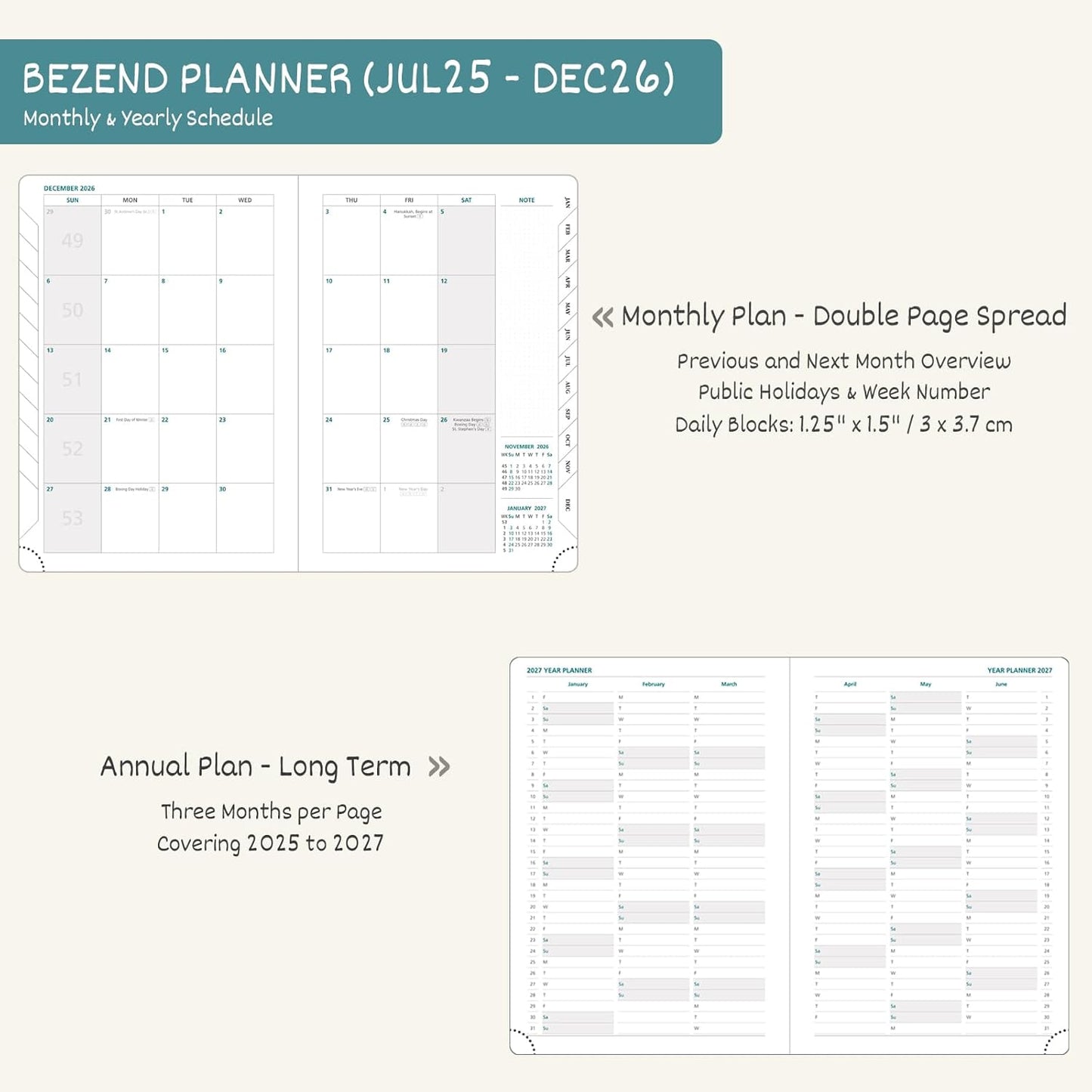 BEZEND Planner 2025-2026 Weekly and Monthly, 5.8" x 8.5" Academic Calendar (Jul 25-Dec 26) Vertical Daily Appointment with Hourly Timeslot & Monthly Tab, PU Leather Hardcover - Cornflower