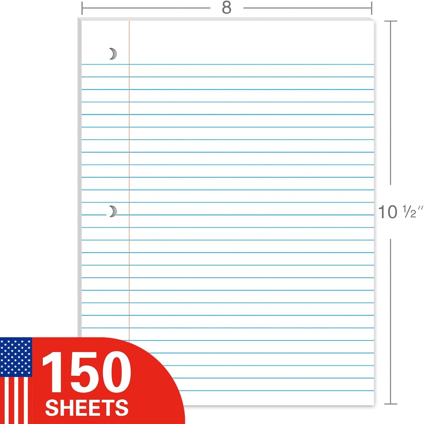Notebook Paper Wide Ruled Loose Leaf Paper, Standard 8"x10-1/2" Bulk Lined Paper, 3 Hole Punched Filler Paper For 3 Ring Binder,150 Sheets/Pack, 4 Pack, White, MADE IN USA