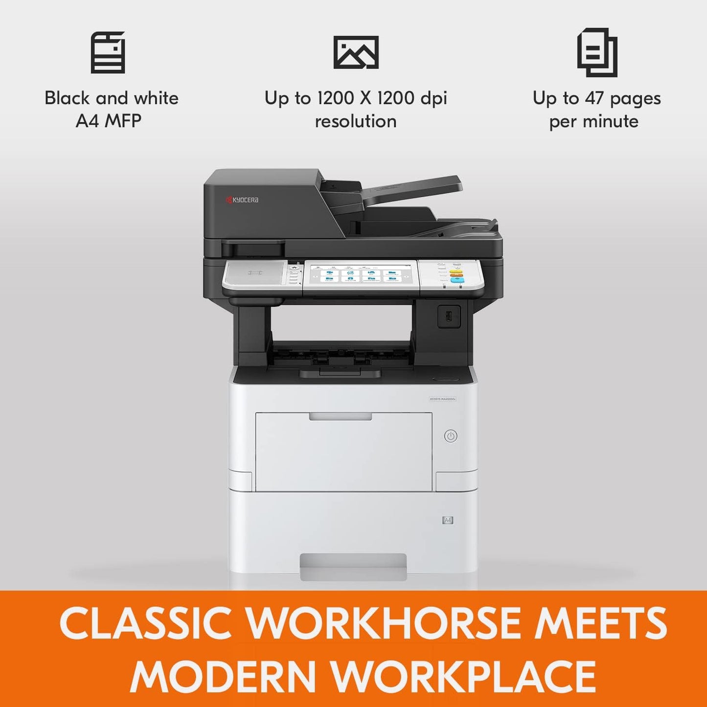 KYOCERA ECOSYS MA4500ifx All-in-One Monochrome Laser Printer (Print/Copy/Scan/Fax), 47 ppm, Up to Fine 1200 dpi, Gigabit Ethernet HyPAS Capable, 7 inch Touchscreen Panel, 512 MB