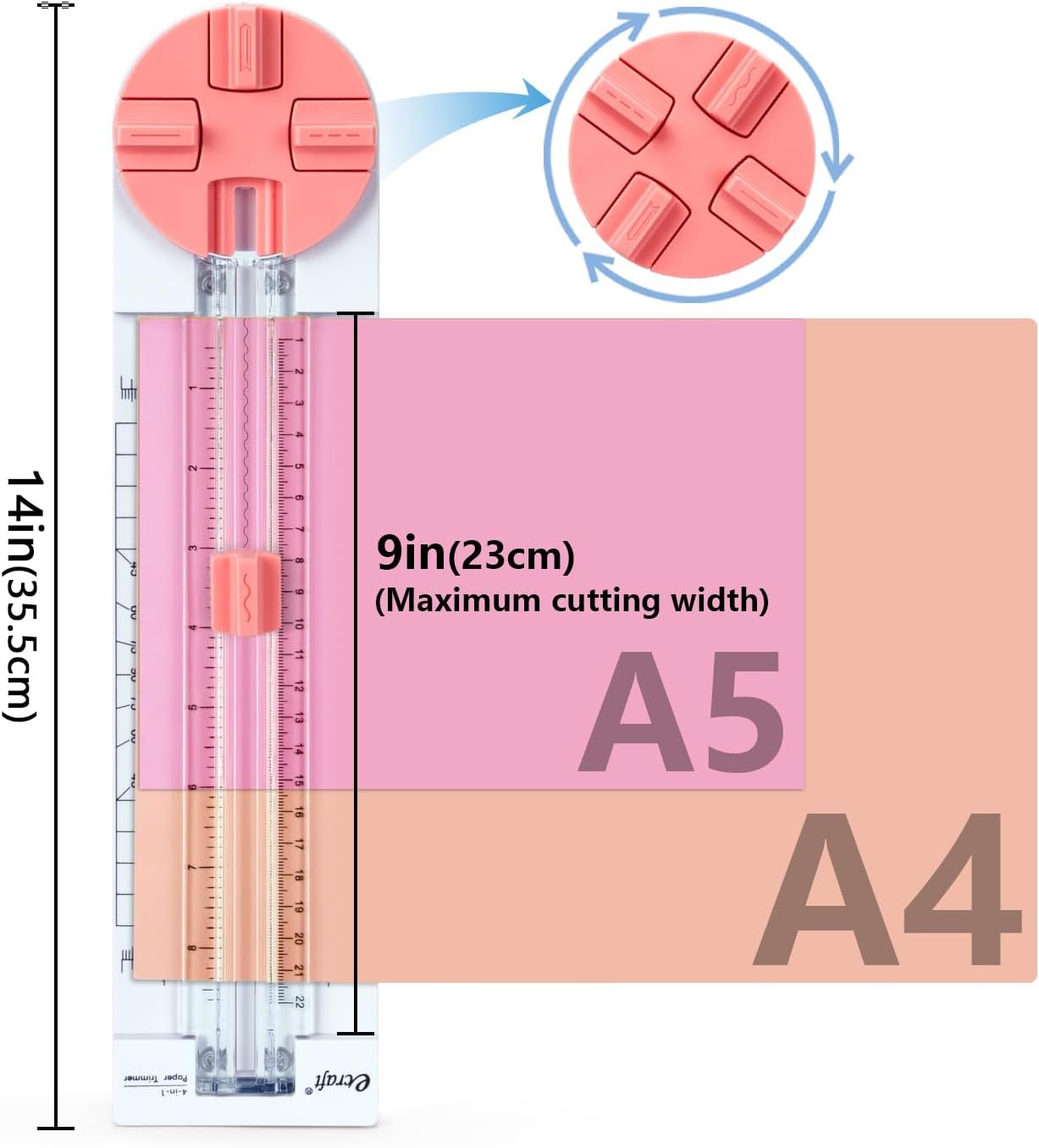 Ecraft Pink Paper Cutter 4-in-1 Paper Trimmer Multi-Function Scrapbooking Tool with Straight, Wave, Perforated & Creasing Blades for Craft Paper,Cardstock, Coupon, Label, Photo,Postcard