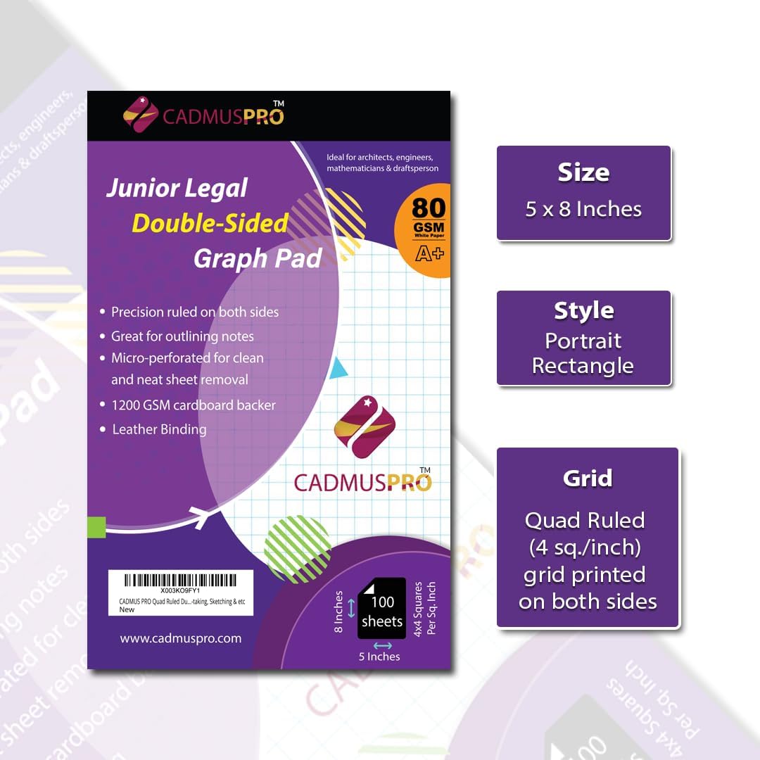 Graph Paper Pad 5x8 Inches, 1/4 Inch Quad Ruled 4x4 Grid, 80 GSM Thick Writing Pad, 50 Sheets Graph Notebook for Math, Engineering, Drafting, Architecture, Sketching, School & Office Supplies