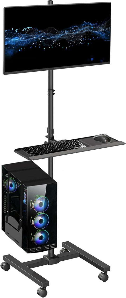 VIVO Mobile Computer Cart with Monitor Mount for up to 32” Screens, Rolling PC Desk Workstation, Full Keyboard Tray, Adjustable CPU Holder, Black, CART-PC02T