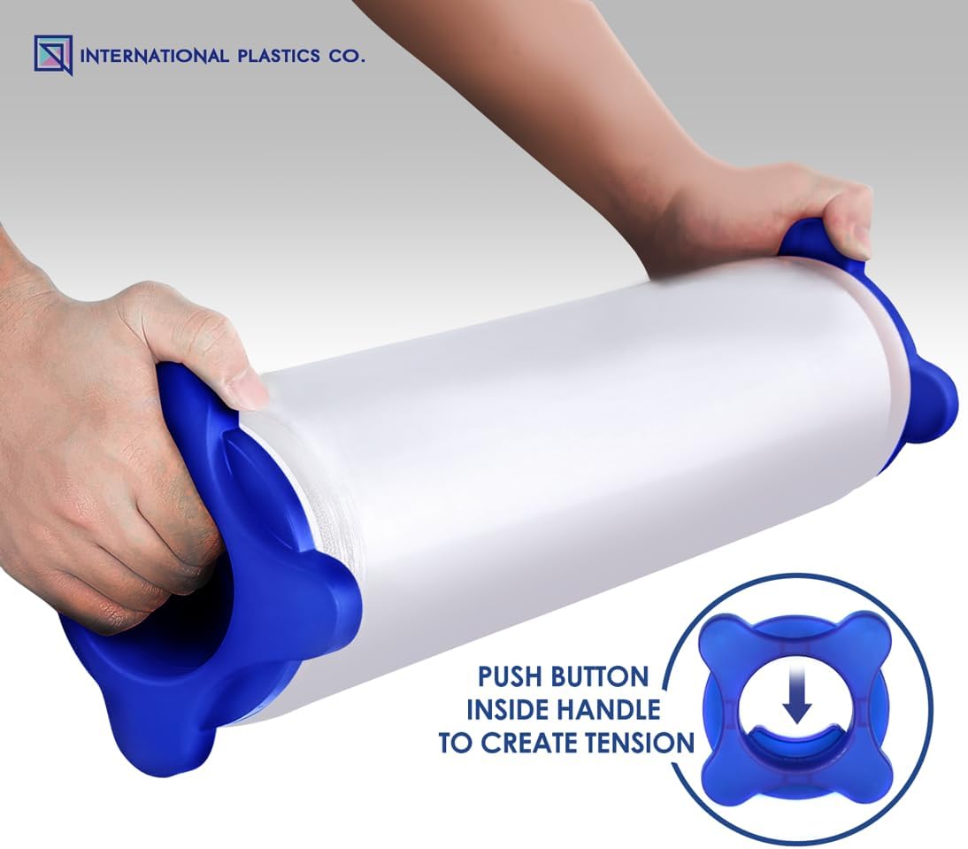 International Plastics Co. 18" Stretch Film/Wrap 1500 feet 7 Layers 80 Gauge Industrial Strength up to 800% Stretch 20 Microns Adhering Packing Moving Heavy Duty (Clear, 4 Pack - Tension Handles)
