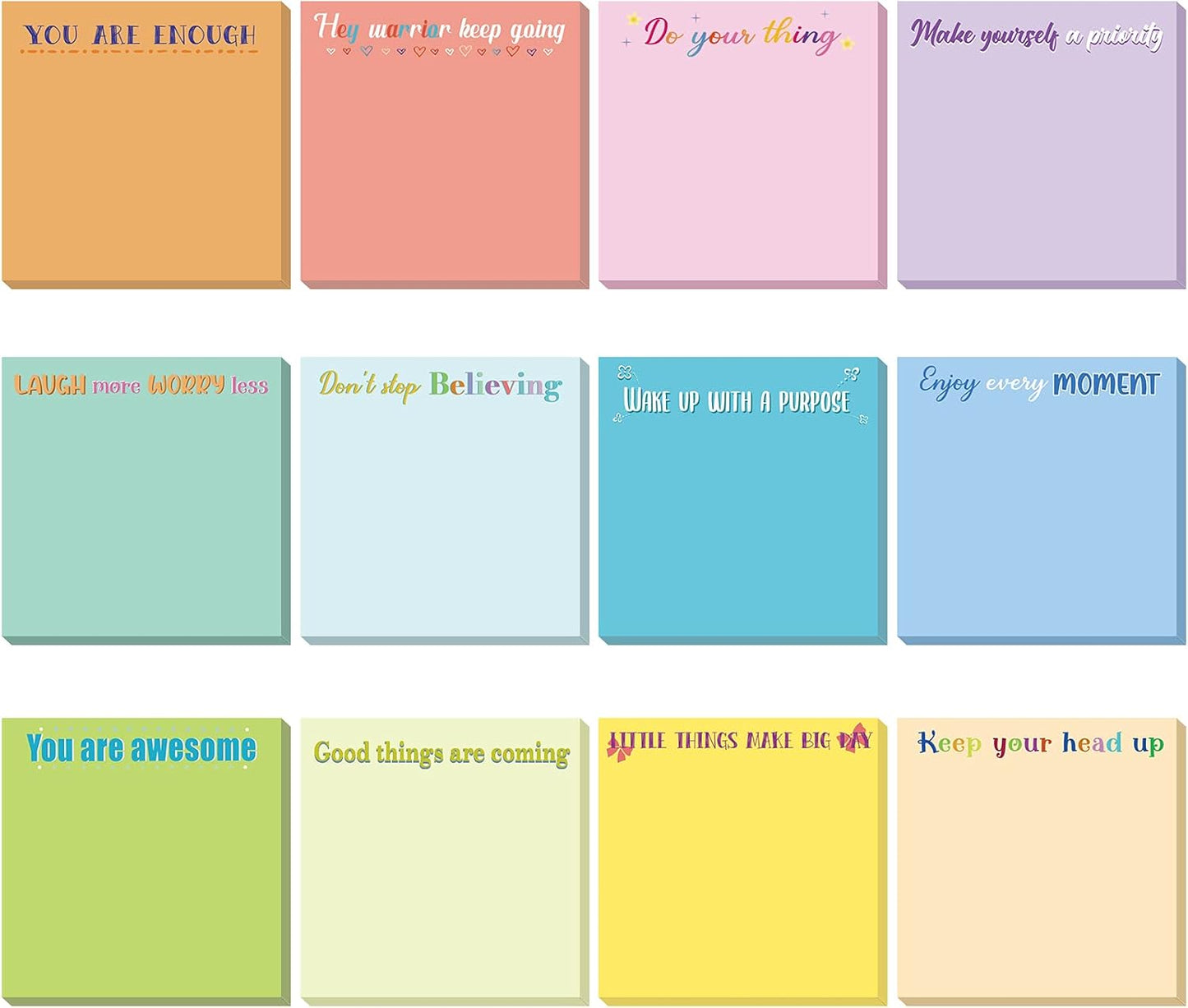 Zonon 12 Pieces Inspirational Sticky Notes 3 x 3 Inch Motivational Fun Notepads Positive Gifts for Teacher Nurse Coworkers Work Studying Supplies (Simple Style)