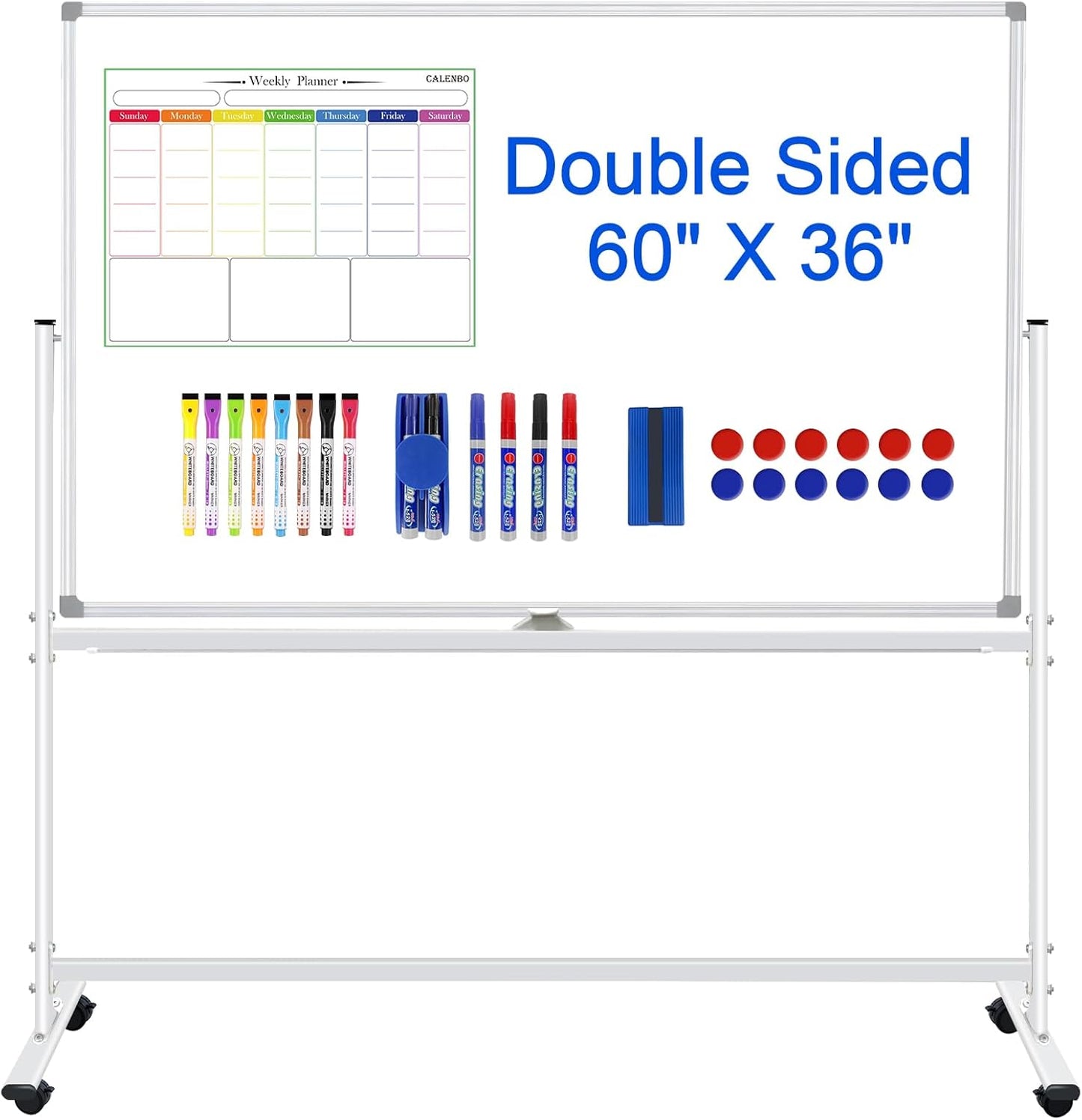Large Rolling White Boards 60X36, Double-Sided Mobile Magnetic Whiteboard on Wheels, 5' x 3' Whiteboard with Stands, Dry Erase Board with Stand Up White Board for School, Office, Home