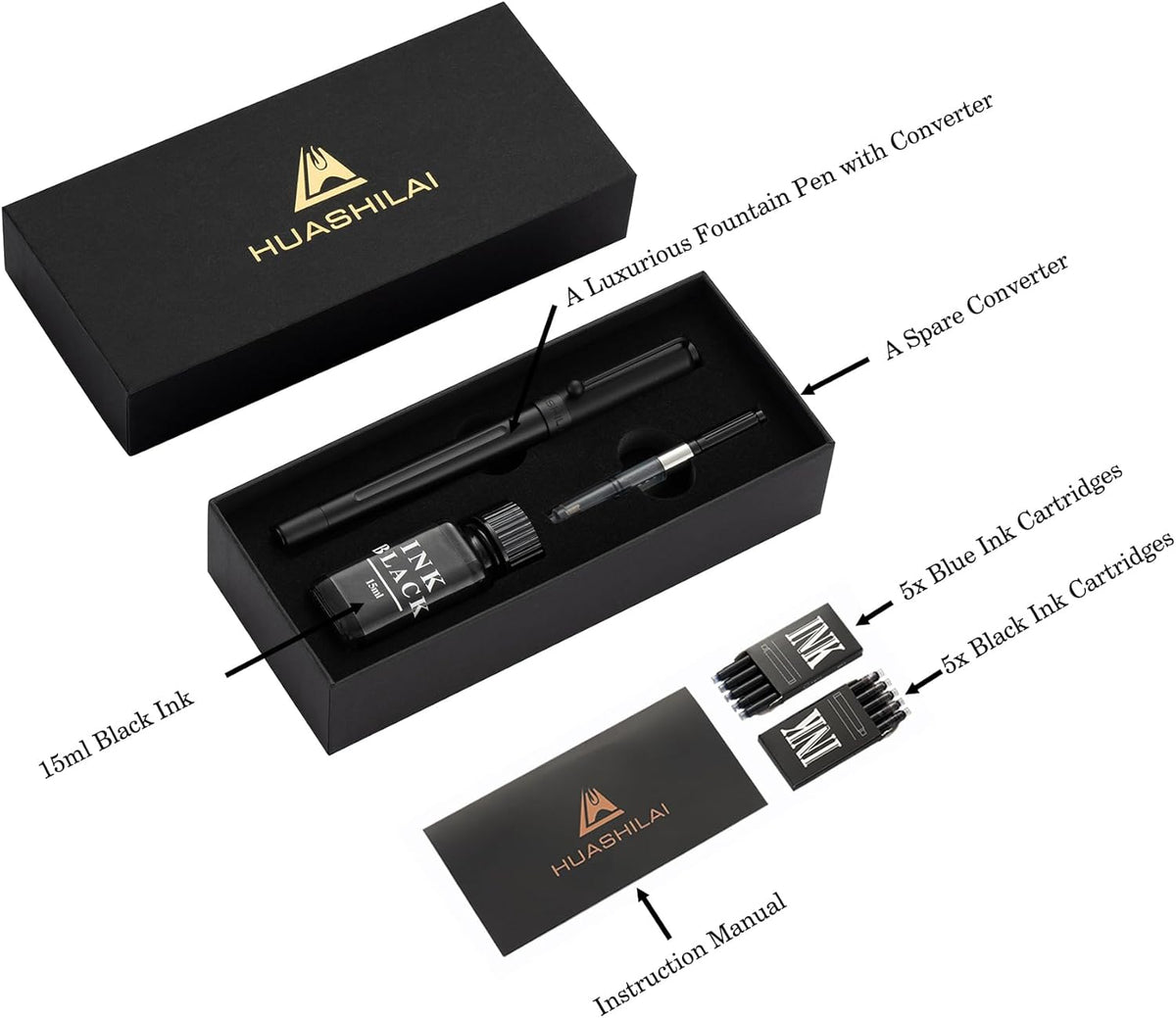 Luxury Matte Black Forest Fountain Pen Set,Titanium Black Extra Fine and Medium Nibs,Includes 2 Ink Converters,10 Ink Cartridges,15ml ink，Premium Gift Case for Calligraphy (Fine Nib)