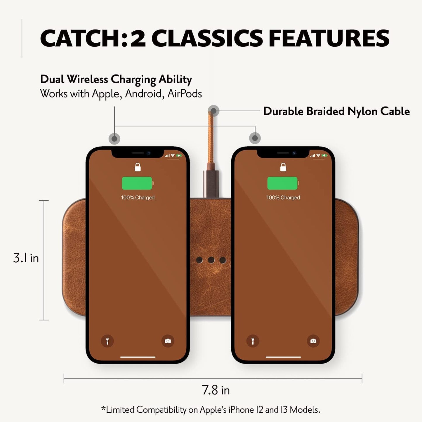 Courant Catch:2 Classics - Italian Leather Dual Wireless Charging Pad - Compatible with iPhone 11, X, SE, Galaxy S23, S22, S21, S20, Note, AirPods, AirPods Pro (Saddle)
