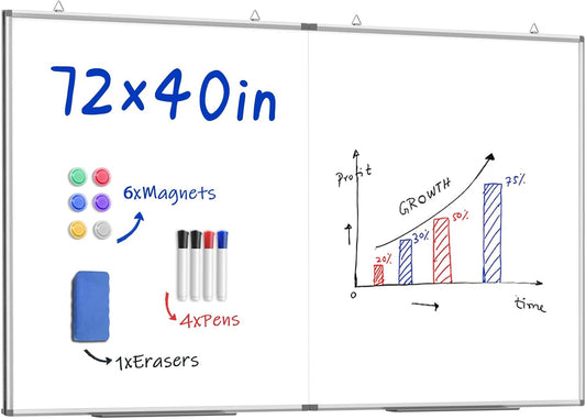 72"X 40" Large Magnetic Dry Erase Whiteboard, Removable Wall Hanging Board with 4 Pens & 1 Dry Erasers & 6 Magnets, Sliver Aluminum Frame White