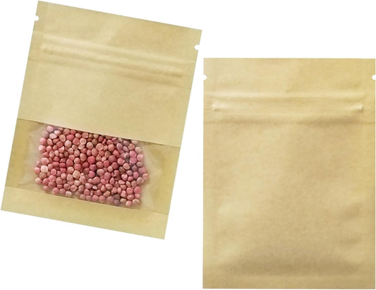 FERENLI 100 Pack 5.1x7.08 inch Small Resealable Seed Coin Envelopes Bags with Clear Window Brown Kraft Paper Heat Seal Packets for Flower Vegetable Seeds Storage Party Favor Pet Food Sample Bag