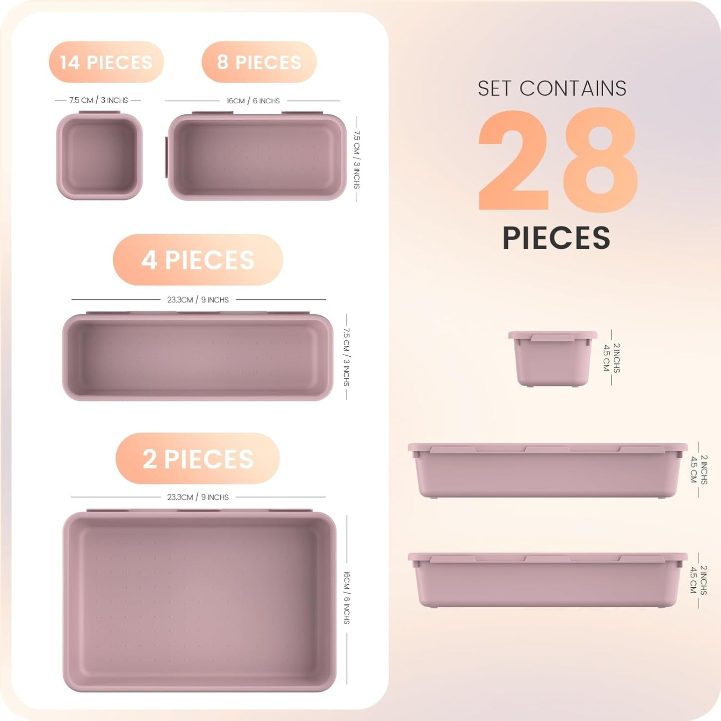 【28PCS】A-LUGEI Drawer Organizer, Bathroom Organizers and Storage, Makeup organizer, Desk drawer organizer, Storage Bins for Kitchen Office Bedroom Vanity Jewelry Pantry Garage【Purple】【4Size】